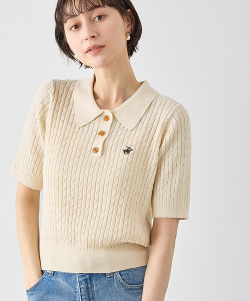 BEVERLY HILLS POLO CLUB（ビバリーヒルズポロクラブ）の「【BEVERLY HILLS POLO CLUB別注】ポロカラーケーブルニット/リンクコーデ（ニット/セーター・レディース・ダークブラウン/キナリ/ネイビー/クリーム・FREE）」の5枚目の写真