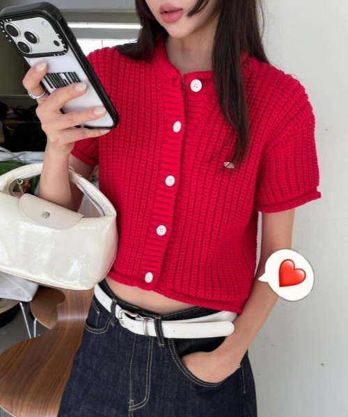semplice（センプリチェ）の「2way ワッフル編み ショートカーディガン（カーディガン/ボレロ・レディース・オフホワイト/グリーン/レッド・F）」の5枚目の写真