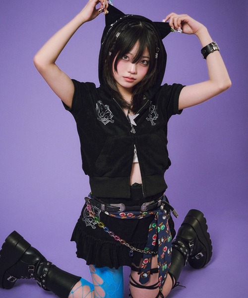 GALFY(ガルフィー)の「GALFY(ガルフィー)VIVI★GALパーカー/猫耳フード パイル ジップアップ チビパーカー ショート丈 Y2K ギャル(パーカー・レディース・ピンク/ブラック/イエロー系その他・FREE)」の10枚目の写真
