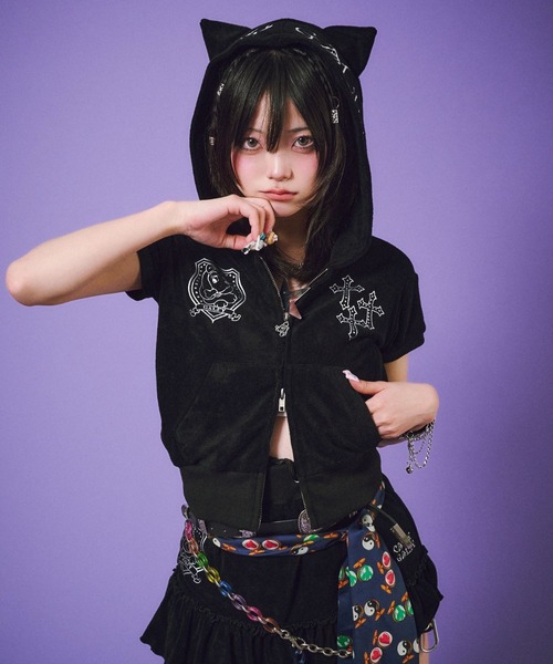 GALFY(ガルフィー)の「GALFY(ガルフィー)VIVI★GALパーカー/猫耳フード パイル ジップアップ チビパーカー ショート丈 Y2K ギャル(パーカー・レディース・ピンク/ブラック/イエロー系その他・FREE)」の9枚目の写真