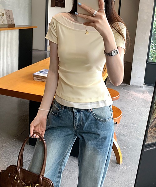 Girly Doll(ガーリードール)の「フェイクレイヤードボートネックTシャツ(Tシャツ/カットソー・レディース・イエロー/ホワイト/ピンク・S/M)」の11枚目の写真