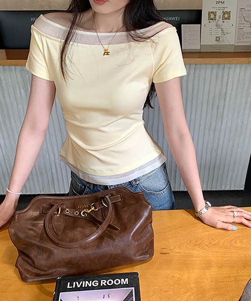 Girly Doll(ガーリードール)の「フェイクレイヤードボートネックTシャツ(Tシャツ/カットソー・レディース・イエロー/ホワイト/ピンク・S/M)」の12枚目の写真