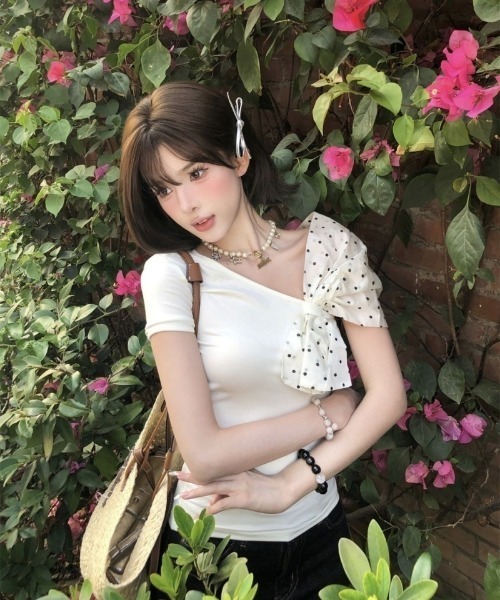 Ritzy(リッツィー)の「ドット柄リボンワンショルダートップス(Tシャツ/カットソー・レディース・ホワイト・L/M/S)」の9枚目の写真