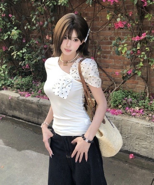 Ritzy(リッツィー)の「ドット柄リボンワンショルダートップス(Tシャツ/カットソー・レディース・ホワイト・L/M/S)」の14枚目の写真