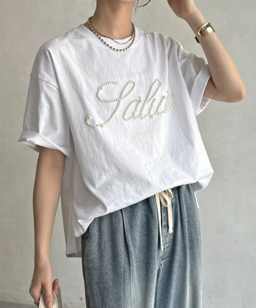 DouDou（ドゥドゥ）の「パールロゴTEE（Tシャツ/カットソー・レディース・オフホワイト/ブラック/ベージュ・FREE）」の2枚目の写真