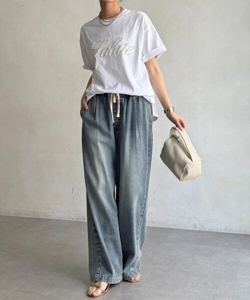 DouDou（ドゥドゥ）の「パールロゴTEE（Tシャツ/カットソー・レディース・オフホワイト/ブラック/ベージュ・FREE）」の5枚目の写真