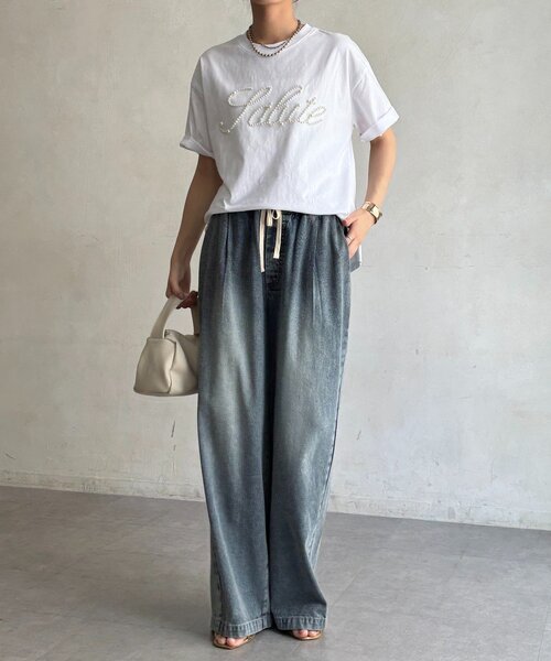 DouDou（ドゥドゥ）の「パールロゴTEE（Tシャツ/カットソー・レディース・オフホワイト/ブラック/ベージュ・FREE）」の6枚目の写真