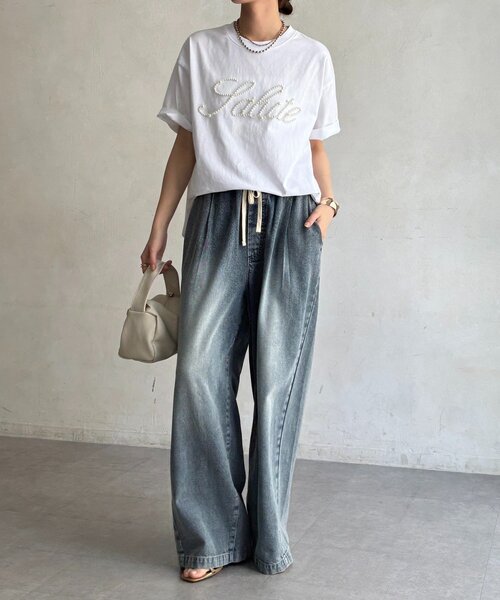 DouDou（ドゥドゥ）の「パールロゴTEE（Tシャツ/カットソー・レディース・オフホワイト/ブラック/ベージュ・FREE）」の7枚目の写真