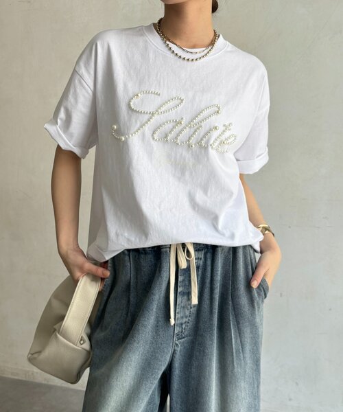 DouDou（ドゥドゥ）の「パールロゴTEE（Tシャツ/カットソー・レディース・オフホワイト/ブラック/ベージュ・FREE）」の9枚目の写真