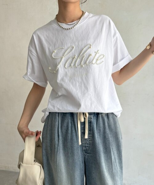 DouDou（ドゥドゥ）の「パールロゴTEE（Tシャツ/カットソー・レディース・オフホワイト/ブラック/ベージュ・FREE）」の10枚目の写真
