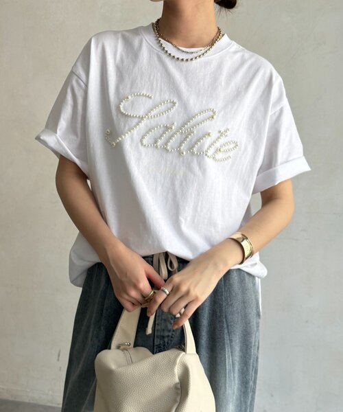 DouDou（ドゥドゥ）の「パールロゴTEE（Tシャツ/カットソー・レディース・オフホワイト/ブラック/ベージュ・FREE）」の11枚目の写真