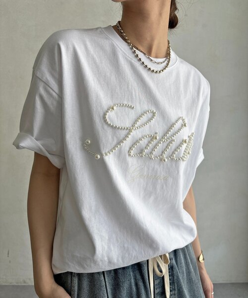 DouDou（ドゥドゥ）の「パールロゴTEE（Tシャツ/カットソー・レディース・オフホワイト/ブラック/ベージュ・FREE）」の12枚目の写真
