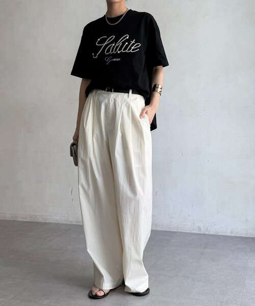 DouDou（ドゥドゥ）の「パールロゴTEE（Tシャツ/カットソー・レディース・オフホワイト/ブラック/ベージュ・FREE）」の14枚目の写真