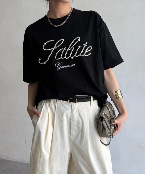 DouDou（ドゥドゥ）の「パールロゴTEE（Tシャツ/カットソー・レディース・オフホワイト/ブラック/ベージュ・FREE）」の19枚目の写真
