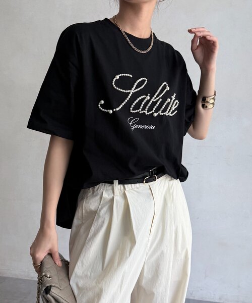 DouDou（ドゥドゥ）の「パールロゴTEE（Tシャツ/カットソー・レディース・オフホワイト/ブラック/ベージュ・FREE）」の21枚目の写真