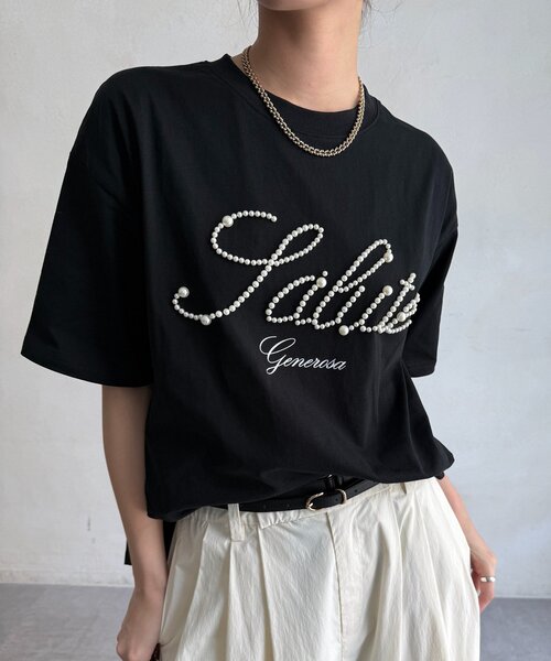 DouDou（ドゥドゥ）の「パールロゴTEE（Tシャツ/カットソー・レディース・オフホワイト/ブラック/ベージュ・FREE）」の22枚目の写真