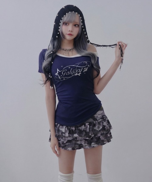 Diable baiser(ディアブルベーゼ)の「インナーパンツ付 カットソー 迷彩柄 ティアード ミニスカート/スカパン(スカート・レディース・アーミー・FREE)」の2枚目の写真