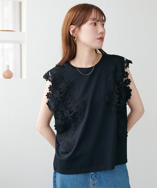DISCOAT(ディスコート)の「袖レースTシャツ(Tシャツ/カットソー・レディース・オフホワイト/グレー/ブラック・FREE)」の18枚目の写真