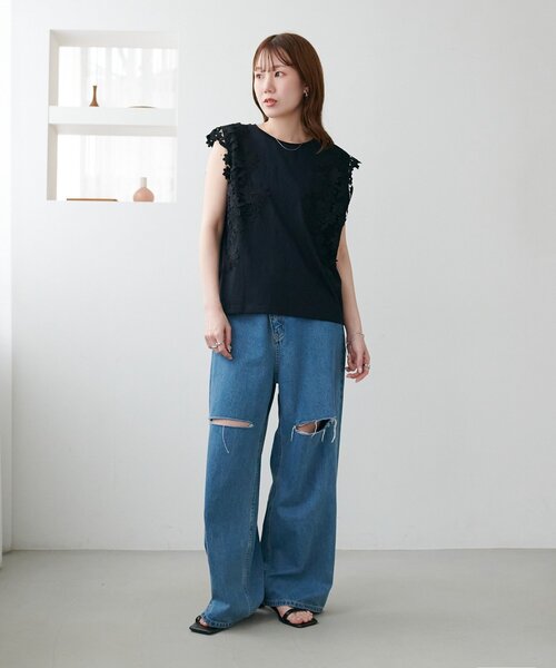 DISCOAT(ディスコート)の「袖レースTシャツ(Tシャツ/カットソー・レディース・オフホワイト/グレー/ブラック・FREE)」の20枚目の写真