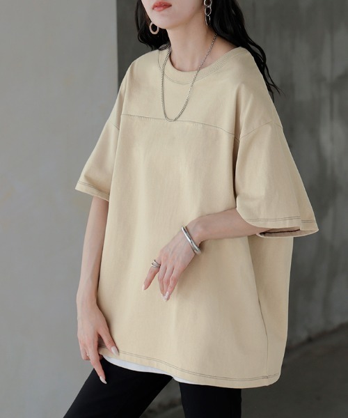 HUG.U(ハグユー)の「オーバーサイズステッチTシャツ(Tシャツ/カットソー・レディース・ベージュ/ダークグレー/オレンジ/ホワイト/ブラック・FREE)」の10枚目の写真