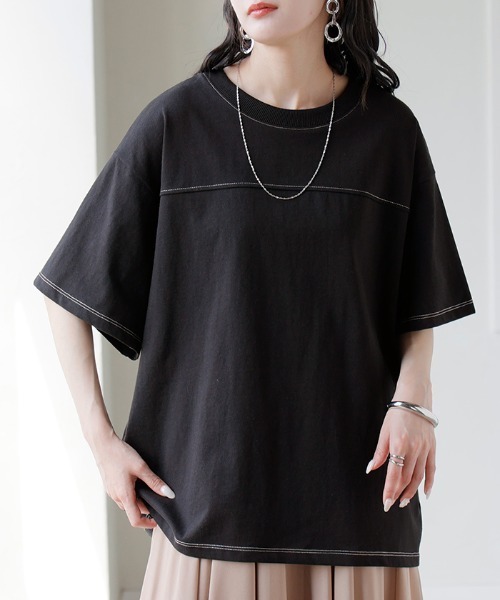 HUG.U(ハグユー)の「オーバーサイズステッチTシャツ(Tシャツ/カットソー・レディース・ベージュ/ダークグレー/オレンジ/ホワイト/ブラック・FREE)」の18枚目の写真