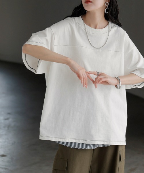 HUG.U(ハグユー)の「オーバーサイズステッチTシャツ(Tシャツ/カットソー・レディース・ベージュ/ダークグレー/オレンジ/ホワイト/ブラック・FREE)」の12枚目の写真