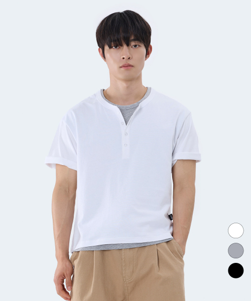 YOSEMITE(ヨセミティ)の「ストライプレイヤードヘンリーネッククロップ半袖Tシャツ3カラーYT-3Y29(Tシャツ/カットソー・メンズ・ブラック/ホワイト/グレー・LARGE/MEDIUM/X-LARGE)」の9枚目の写真