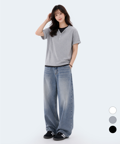 YOSEMITE(ヨセミティ)の「ストライプレイヤードヘンリーネッククロップ半袖Tシャツ3カラーYT-3Y29(Tシャツ/カットソー・メンズ・ブラック/ホワイト/グレー・LARGE/MEDIUM/X-LARGE)」の4枚目の写真