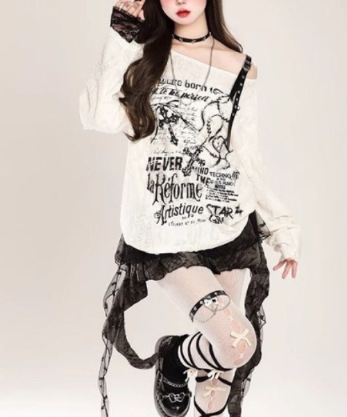 SHEPP(シープ)の「クラッシュジャガード パンクグラフィック ハーフスリーブオーバーサイズTシャツ(Tシャツ/カットソー・レディース・アイボリー/ダークグレー・M/L)」の3枚目の写真