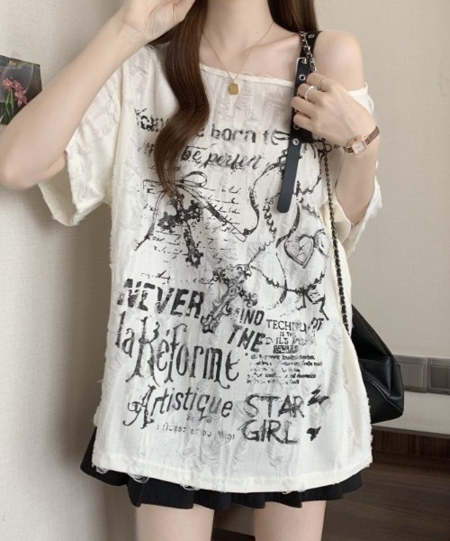 SHEPP(シープ)の「クラッシュジャガード パンクグラフィック ハーフスリーブオーバーサイズTシャツ(Tシャツ/カットソー・レディース・アイボリー/ダークグレー・M/L)」の7枚目の写真