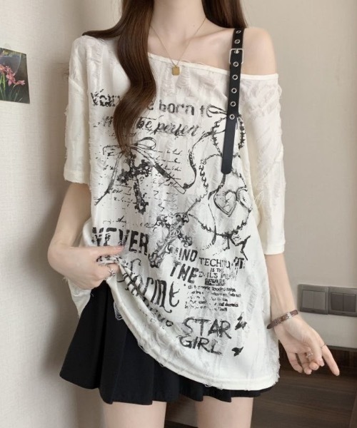 SHEPP(シープ)の「クラッシュジャガード パンクグラフィック ハーフスリーブオーバーサイズTシャツ(Tシャツ/カットソー・レディース・アイボリー/ダークグレー・M/L)」の8枚目の写真