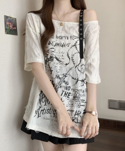 SHEPP(シープ)の「クラッシュジャガード パンクグラフィック ハーフスリーブオーバーサイズTシャツ(Tシャツ/カットソー・レディース・アイボリー/ダークグレー・M/L)」の9枚目の写真