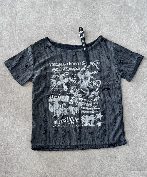 SHEPP(シープ)の「クラッシュジャガード パンクグラフィック ハーフスリーブオーバーサイズTシャツ(Tシャツ/カットソー・レディース・アイボリー/ダークグレー・M/L)」の10枚目の写真