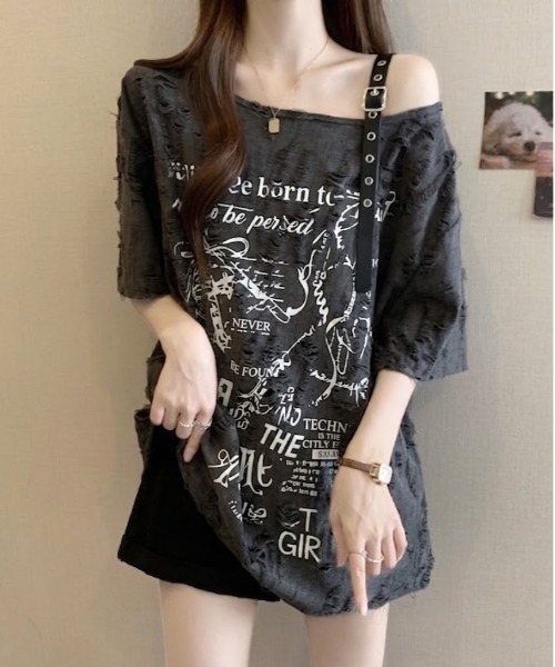 SHEPP(シープ)の「クラッシュジャガード パンクグラフィック ハーフスリーブオーバーサイズTシャツ(Tシャツ/カットソー・レディース・アイボリー/ダークグレー・M/L)」の15枚目の写真