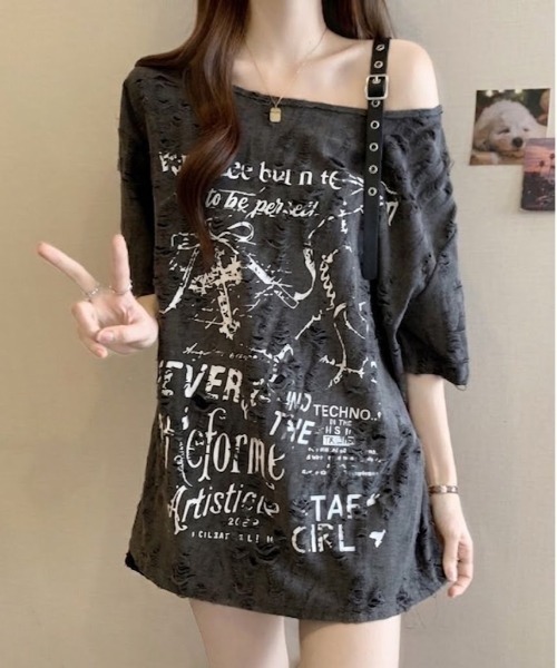 SHEPP(シープ)の「クラッシュジャガード パンクグラフィック ハーフスリーブオーバーサイズTシャツ(Tシャツ/カットソー・レディース・アイボリー/ダークグレー・M/L)」の16枚目の写真