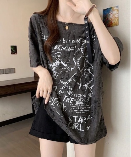 SHEPP(シープ)の「クラッシュジャガード パンクグラフィック ハーフスリーブオーバーサイズTシャツ(Tシャツ/カットソー・レディース・アイボリー/ダークグレー・M/L)」の17枚目の写真
