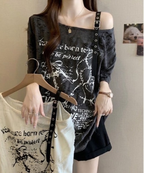 SHEPP(シープ)の「クラッシュジャガード パンクグラフィック ハーフスリーブオーバーサイズTシャツ(Tシャツ/カットソー・レディース・アイボリー/ダークグレー・M/L)」の18枚目の写真