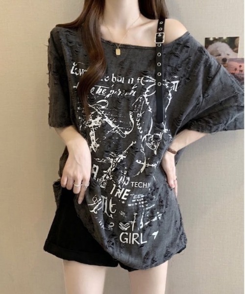 SHEPP(シープ)の「クラッシュジャガード パンクグラフィック ハーフスリーブオーバーサイズTシャツ(Tシャツ/カットソー・レディース・アイボリー/ダークグレー・M/L)」の19枚目の写真