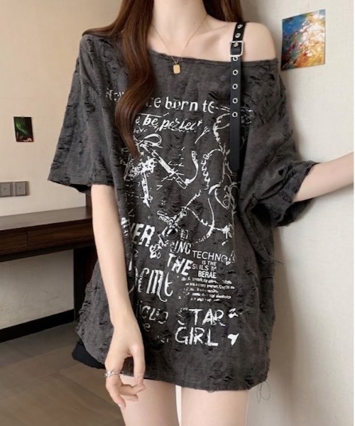 SHEPP(シープ)の「クラッシュジャガード パンクグラフィック ハーフスリーブオーバーサイズTシャツ(Tシャツ/カットソー・レディース・アイボリー/ダークグレー・M/L)」の20枚目の写真