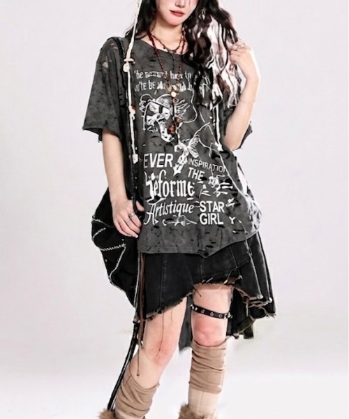 SHEPP(シープ)の「クラッシュジャガード パンクグラフィック ハーフスリーブオーバーサイズTシャツ(Tシャツ/カットソー・レディース・アイボリー/ダークグレー・M/L)」の21枚目の写真