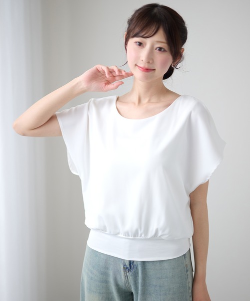 Lace Ladies(レースレディース)の「フレンチスリーブ ドルマン 裾切替 ラウンドネック ブラウス(シャツ/ブラウス・レディース・ホワイト/ブラック/ブルーグレー/ベージュ/ネイビー・XL/M)」の1枚目の写真