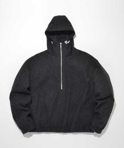 SUPERTHANKS（スーパーサンクス）の「＜オリジナル刺繍＞ストレッチウールハーフジップフーディStretch wool like Half zip hoodie（パーカー・メンズ・ブラック/グレー・L/M/S）」の2枚目の写真