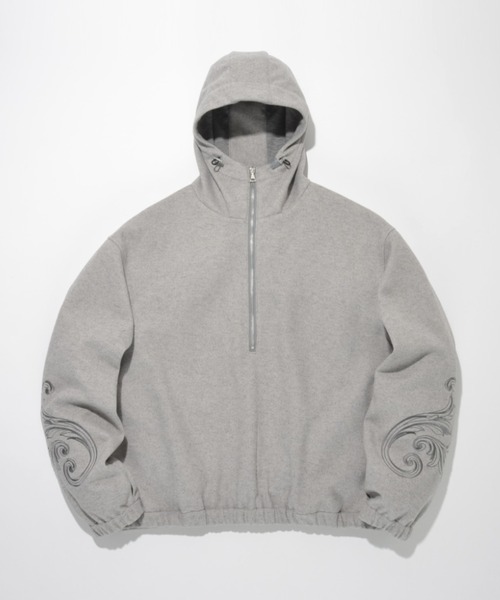 SUPERTHANKS（スーパーサンクス）の「＜オリジナル刺繍＞ストレッチウールハーフジップフーディStretch wool like Half zip hoodie（パーカー・メンズ・ブラック/グレー・L/M/S）」の5枚目の写真