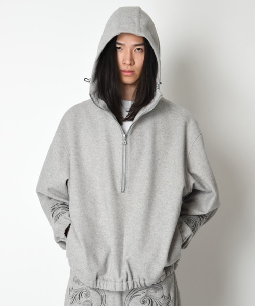 SUPERTHANKS（スーパーサンクス）の「＜オリジナル刺繍＞ストレッチウールハーフジップフーディStretch wool like Half zip hoodie（パーカー・メンズ・ブラック/グレー・L/M/S）」の7枚目の写真