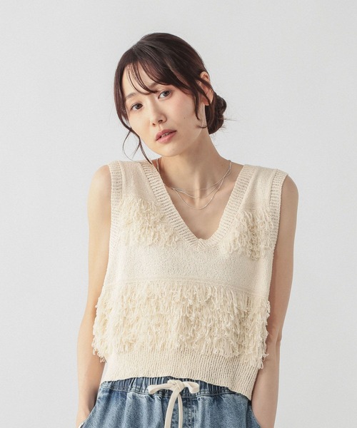 GLOBAL WORK（グローバルワーク）の「ループフリンジベスト/1017914（ベスト・レディース・オフホワイト/ブラック・LARGE/MEDIUM）」の2枚目の写真