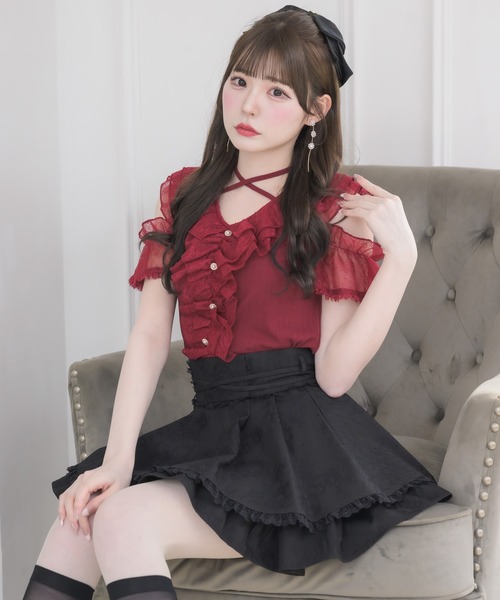 couture BY ROJITA(クチュールバイロジータ)の「レースフリルオフショルトップス(Tシャツ/カットソー・レディース・ボルドー/ブラック/ホワイト・FREE)」の3枚目の写真