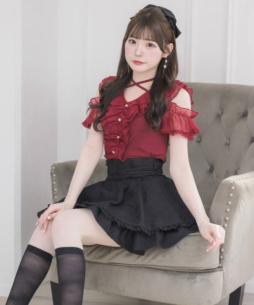 couture BY ROJITA(クチュールバイロジータ)の「レースフリルオフショルトップス(Tシャツ/カットソー・レディース・ボルドー/ブラック/ホワイト・FREE)」の9枚目の写真