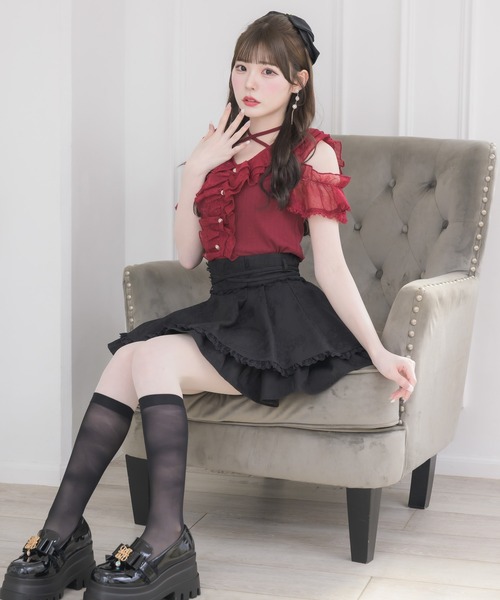 couture BY ROJITA(クチュールバイロジータ)の「レースフリルオフショルトップス(Tシャツ/カットソー・レディース・ボルドー/ブラック/ホワイト・FREE)」の10枚目の写真