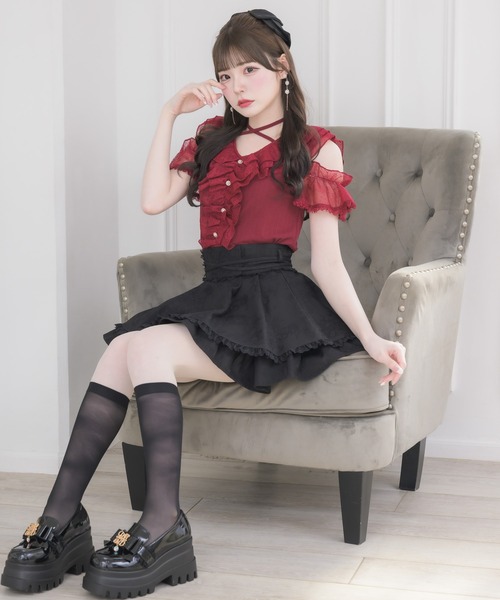 couture BY ROJITA(クチュールバイロジータ)の「レースフリルオフショルトップス(Tシャツ/カットソー・レディース・ボルドー/ブラック/ホワイト・FREE)」の11枚目の写真