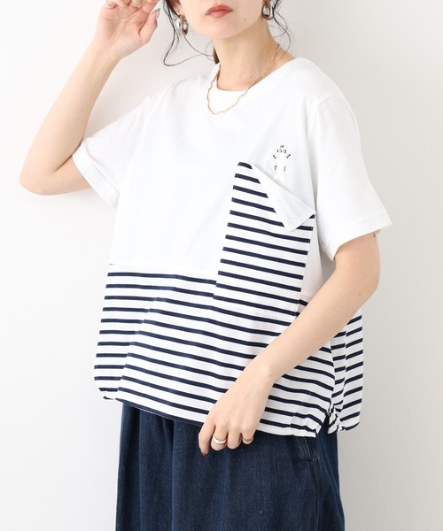 FUNALIVE(ファンアライブ)の「ノゾキネコボーダー切替プルオーバー 半端袖(Tシャツ/カットソー・レディース・オフホワイト/チャコールグレー/ホワイト×ネイビー・M/L)」の2枚目の写真